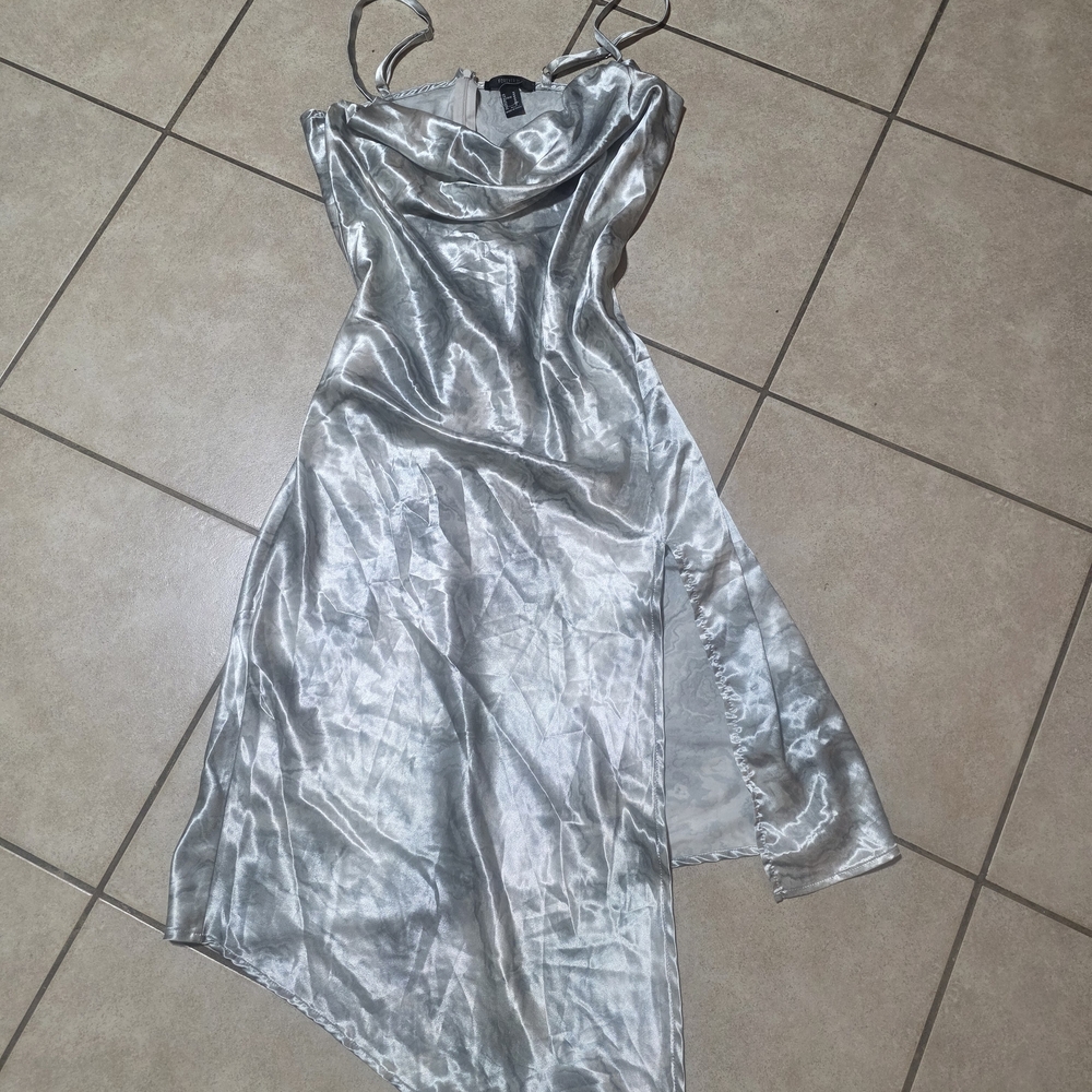 Silver slinky Asymmetrical Slip Dress - Picture 3 of 3
